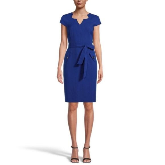 Take 50% OFF- Glamour Blue Dress with V-Neck Cap Sleeves, Size-8 - Picture 1 of 16